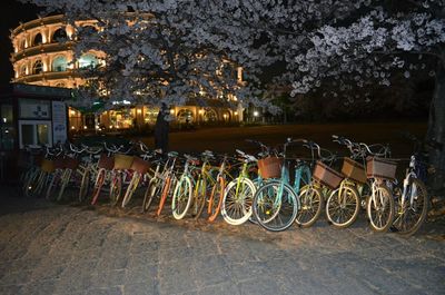 Cars parked in front of building at night