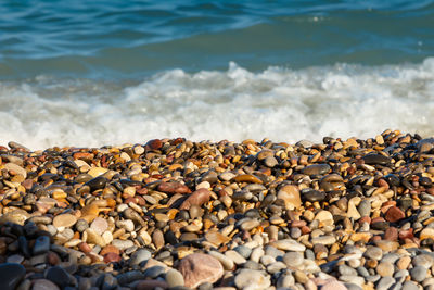 High angle view of pebbles on beach