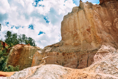 Low angle view of rock formations against cloudy sky