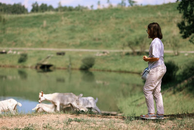 Girl feeds and plays with goats on a farm