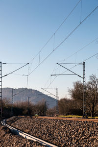 Railroad tracks on field against clear sky