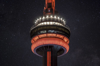 Cn tower at night, lit in red.