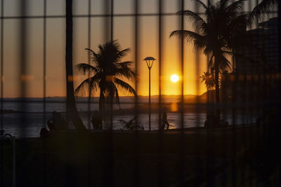 Silhouette palm trees by swimming pool against sky during sunset