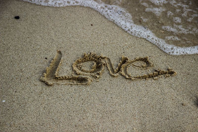 High angle view of text on sand at beach