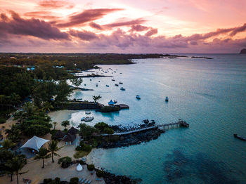 High angle view of bay against sky