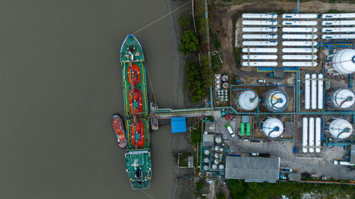 Aerial top view lpg liquefied petroleum gas storage tank, lpg gas storage tank and pipeline.