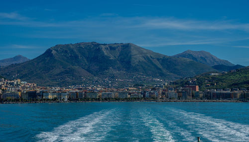 April 15 2022-salerno italy view from the ferry of the city with the sea in the foreground 