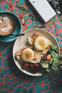 High angle view of breakfast on table