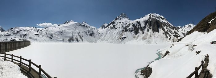 Panoramic view of snowcapped mountains against sky