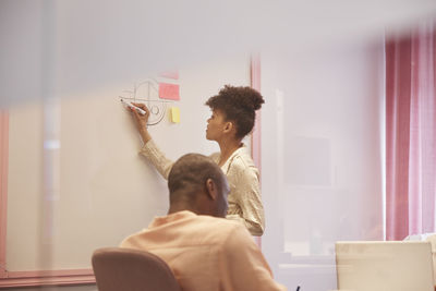 Woman writing on whiteboard during business meeting