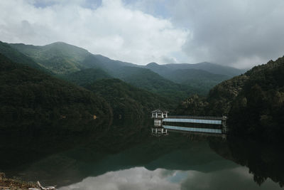 Scenic view of lake and mountains against sky