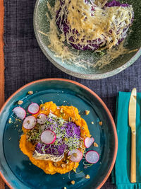 High angle view of food in plate on table