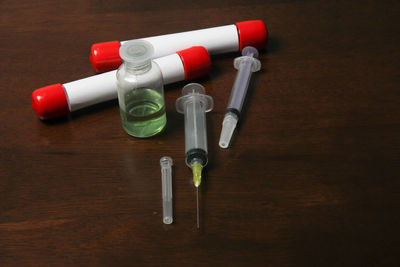 High angle view of objects on table