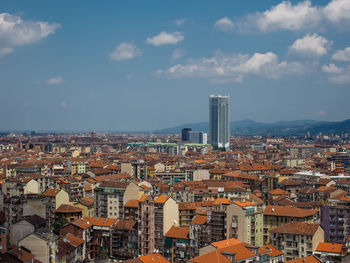 High angle view of townscape against sky