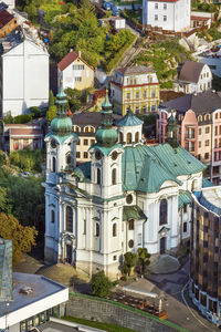Roman catholic cathedral of st. mary magdalene, karlovy vary, czech republic. view from hill