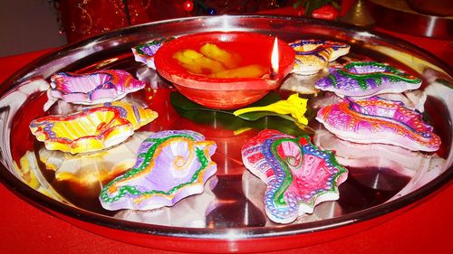 High angle view of colorful food in plate