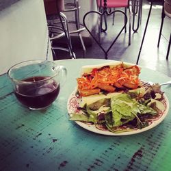 Close-up of served food on table