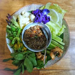 High angle view of salad in plate on table