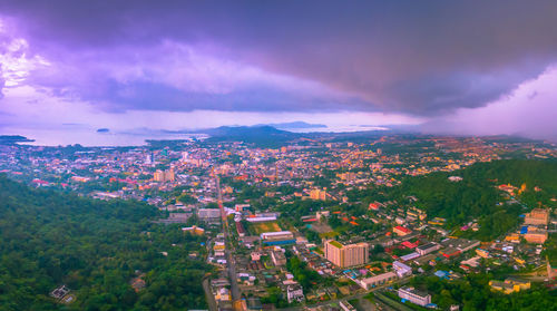 High angle view of townscape against sky in city