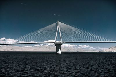 Suspension bridge over sea against sky