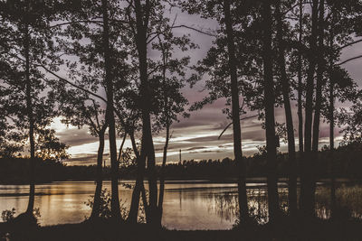 Silhouette trees by lake against sky during sunset