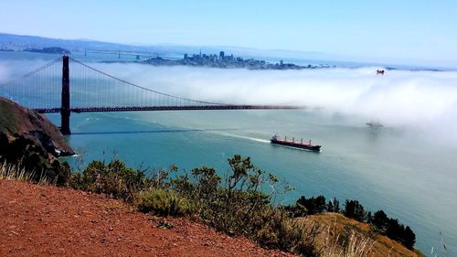 Golden gate bridge san francisco against foggy skyline