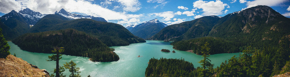 Panoramic view of lake and mountains against sky