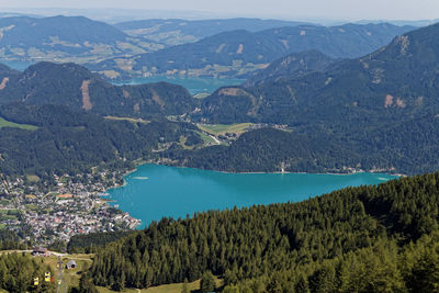 High angle view of lake and mountains