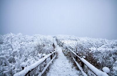 Snow covered landscape against sky