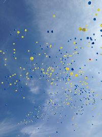 Low angle view of balloons flying against sky