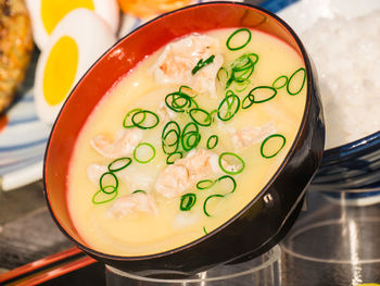 High angle view of soup on table