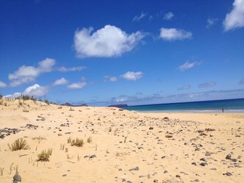Scenic view of beach against blue sky
