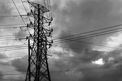 Low angle view of electricity pylon against cloudy sky