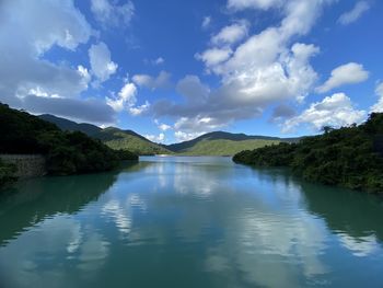 Scenic view of lake and mountains against sky