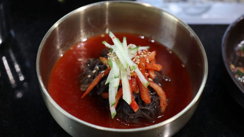 High angle view of soup in bowl on table