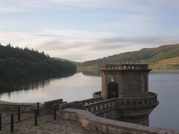 Built structure by lake against sky