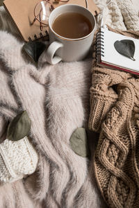 High angle view of coffee cup on table