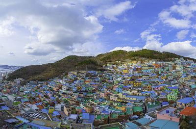 High angle shot of townscape against sky