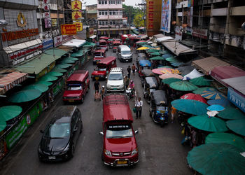 High angle view of people in city