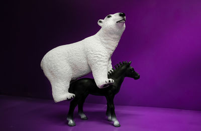 Polar bear and horse toys on purple table