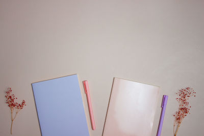 High angle view of books on table