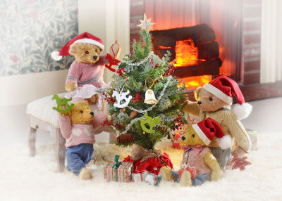 Christmas tree and stuffed toys at home