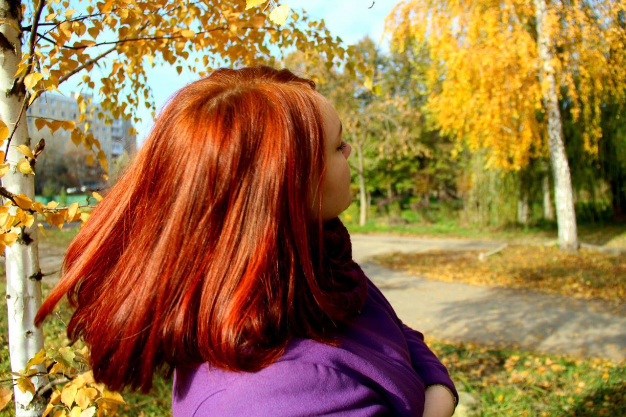 long hair, lifestyles, tree, leisure activity, young women, rear view, person, focus on foreground, brown hair, casual clothing, headshot, standing, medium-length hair, waist up, young adult, blond hair, park - man made space