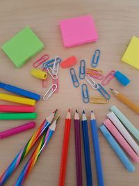 High angle view of school supplies on table