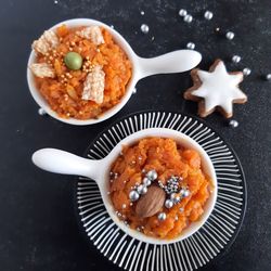 High angle view of cookies in bowl on table