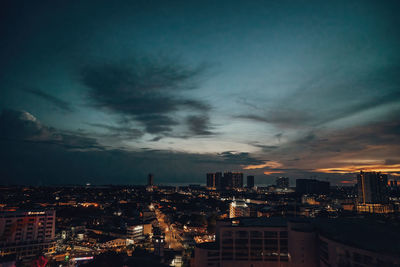 Panoramic view of malacca skyline, traffic and light by night. colourful city lights.