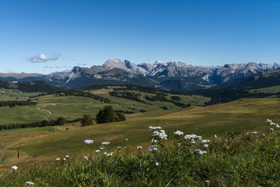 Scenic view of landscape and mountains against clear blue sky