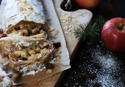 Apple strudel with phyllo pastry, cinnamon, sultanas, almonds