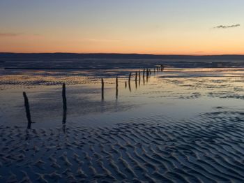 Scenic view of beach against sky during sunset