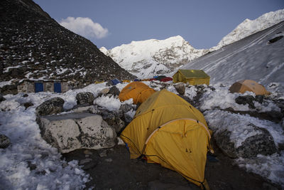 Tents at island peak base camp in nepal's khumbu valley.